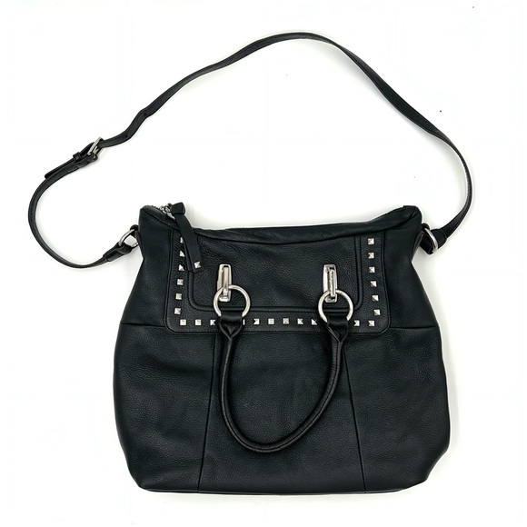 B Makowsky Black Pebbled Leather Studded Hobo Shoulder Bag Crossbody Large Edgy - Picture 1 of 10
